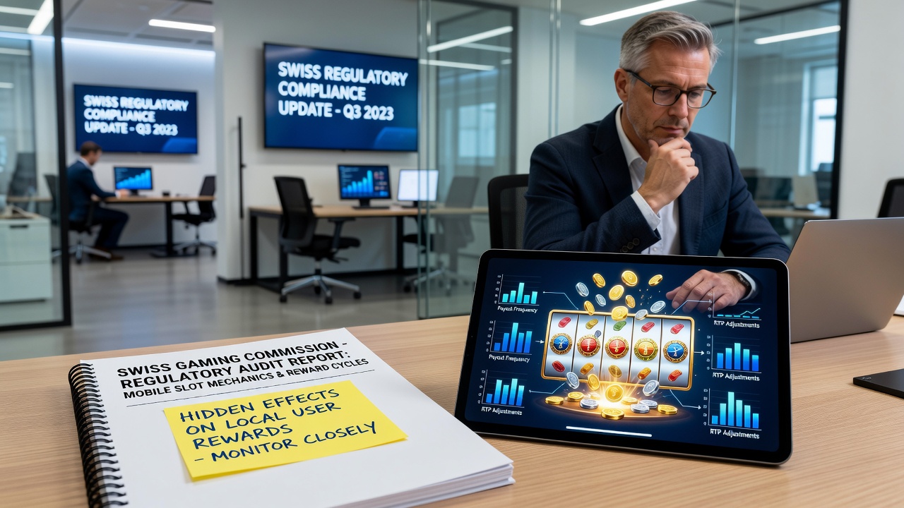 Mobile screen displaying slot game with regulatory compliance overlay and audit timeline graph